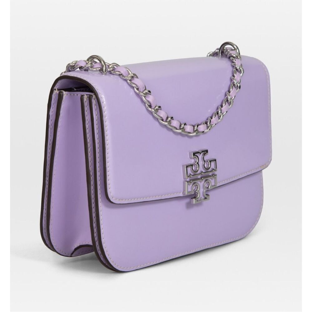 Tory Burch Purple Lavender Patent Leather Silver Logo Chain Britten Shoulder Bag